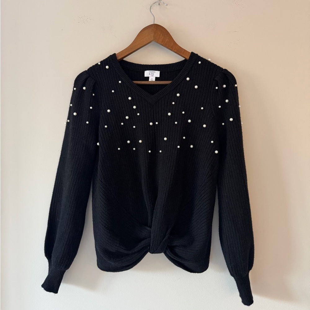 Crown & Ivy Kids Black Knit Sweater with Pearl Accents Size XL